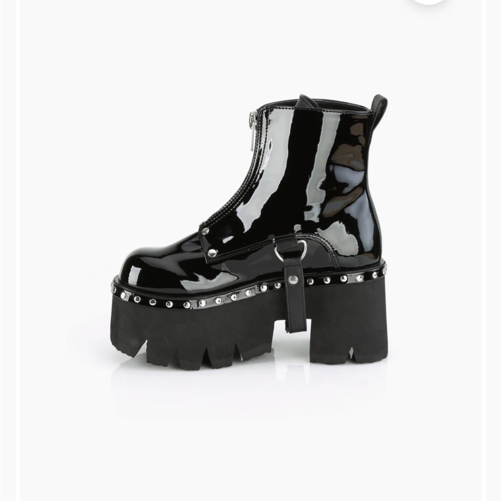 Demonia Ashes 100 Black Patent Faux Leather Combat Boots w/Silver Zipper Sz 9 - Picture 7 of 11